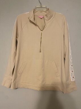 Lilly Pulitzer Beige Half-Zip Pullover with Eyelet Sleeve Trim
